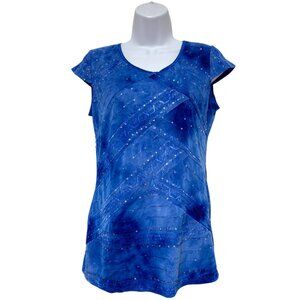 Women's Small Blue Pullover Sequins Top Short Sleeve Open Back Design By-D & B